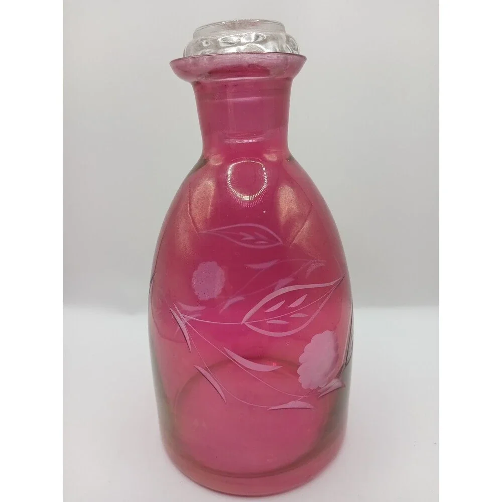 MCM Vintage Etched Cranberry Glass DECANTER With 5 Cordial Shot Glasses Red